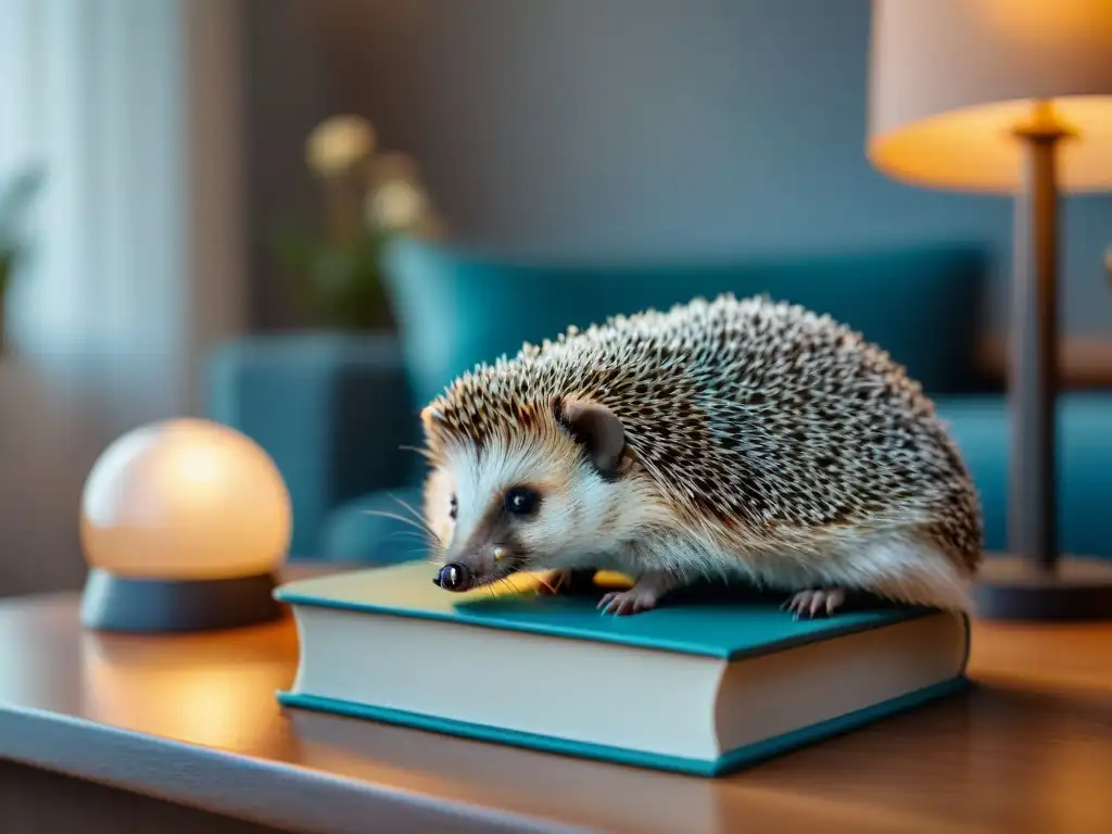 Acogedor salón con erizo feliz: inspiración para dueños de mascotas Un acogedor salón con un erizo feliz en su terrario, libros sobre erizos y una lámpara cálida, ideal para la convivencia con erizo mascota