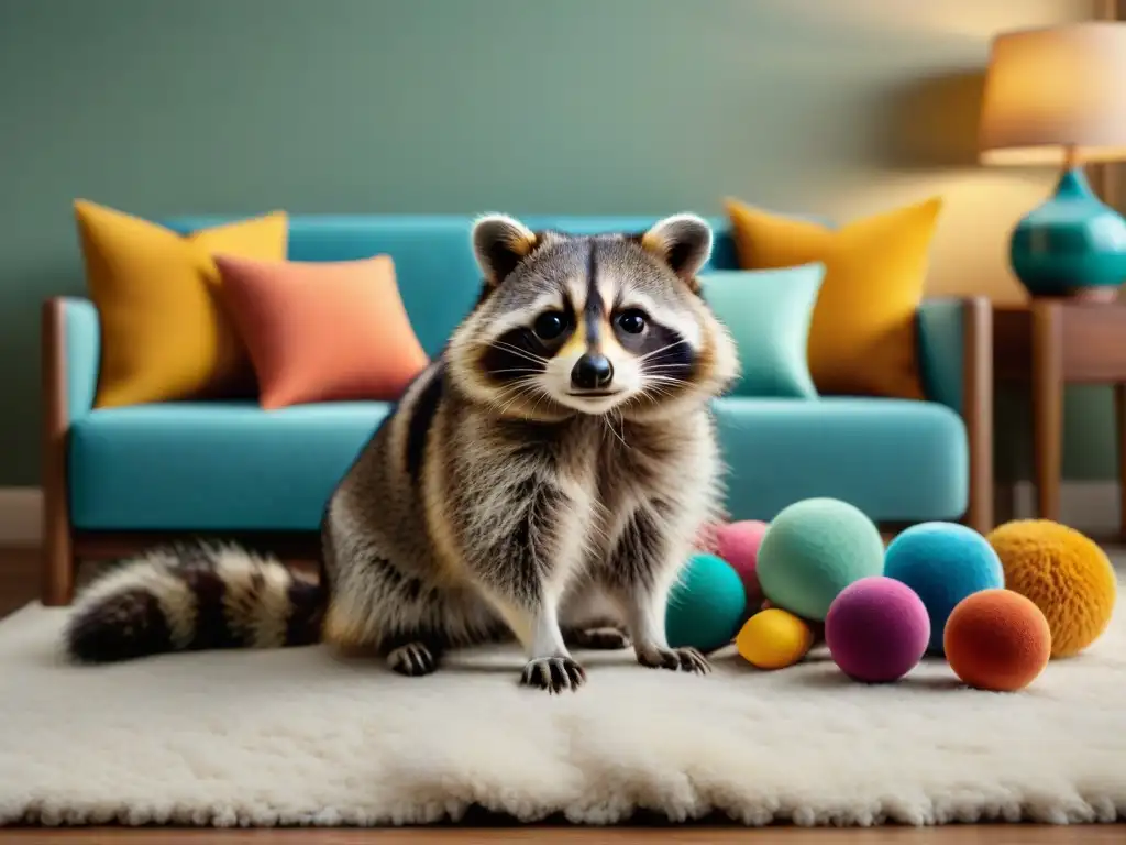 Acogedor salón con un mapache exótico como mascota, creando un ambiente cálido y encantador