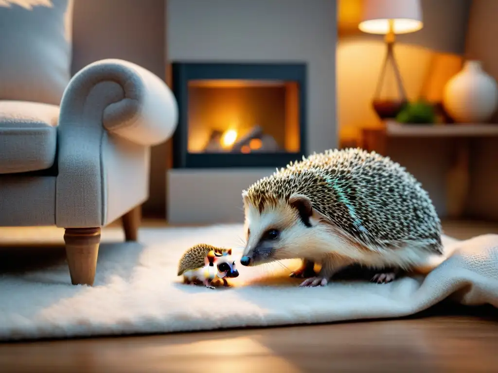 Acogedora convivencia: erizo en chimenea Acogedora convivencia con erizo mascota en sala decorada, junto a chimenea y terrario familiar