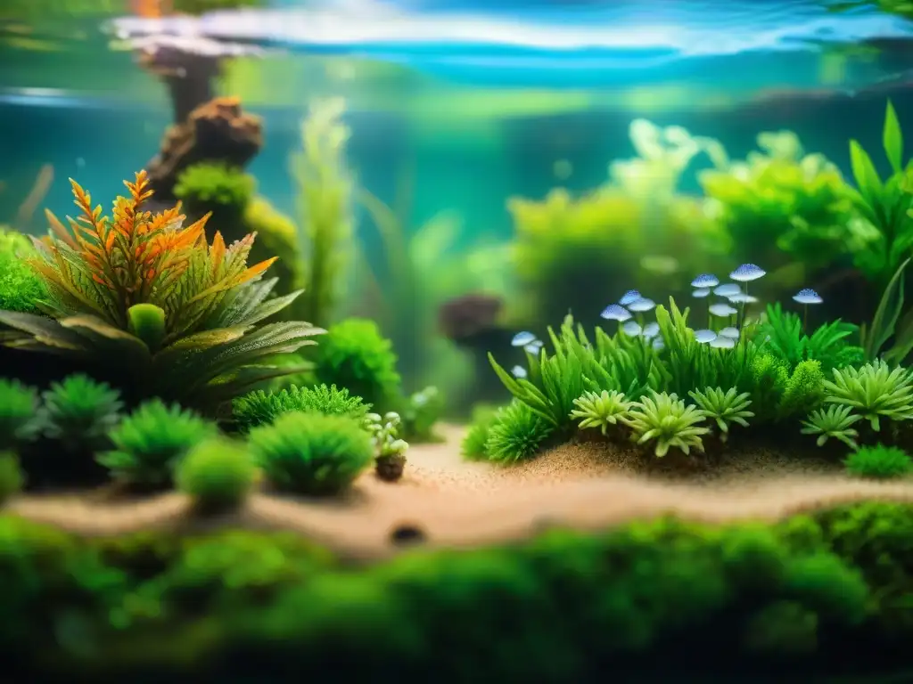 Un acuario de agua dulce con peces exóticos pequeños nadando entre plantas y rocas