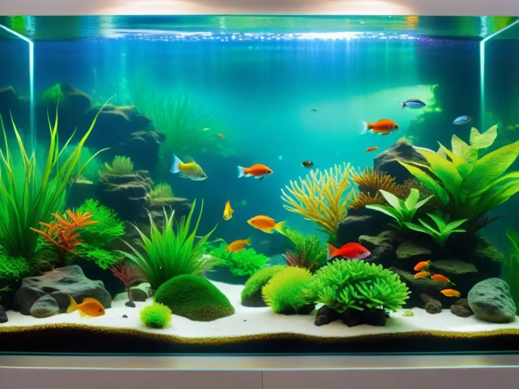 Un acuario exuberante con peces agua dulce exóticos pequeños nadando entre plantas coloridas