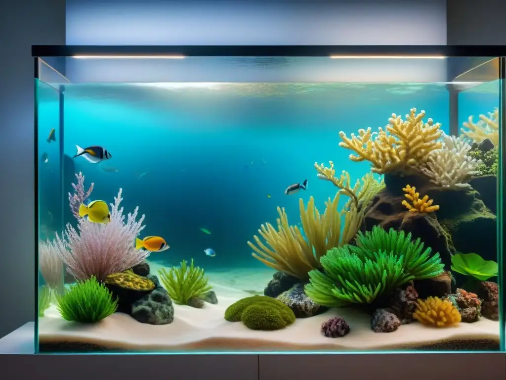 Acuario vibrante con peces exóticos en escena submarina Un acuario exuberante con peces exóticos de colores en un entorno submarino tranquilo y limpio, destacando la filtración avanzada para peces exóticos