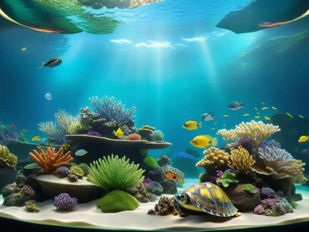 Acuario submarino vibrante para tortugas exóticas Un acuario marino para tortugas exóticas lleno de vida y color, con corales, peces tropicales y plantas acuáticas