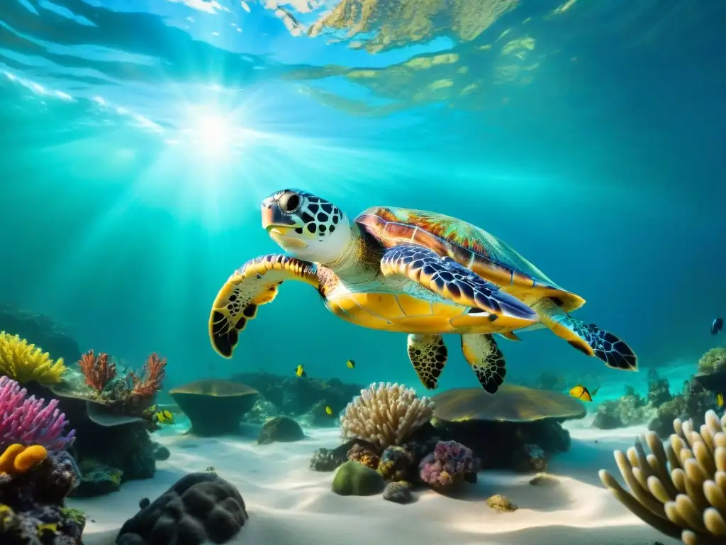 Acuario marino: Tortugas exóticas entre corales y plantas Un acuario marino para tortugas exóticas nadando entre corales coloridos y plantas marinas en un mundo submarino vibrante y cautivador