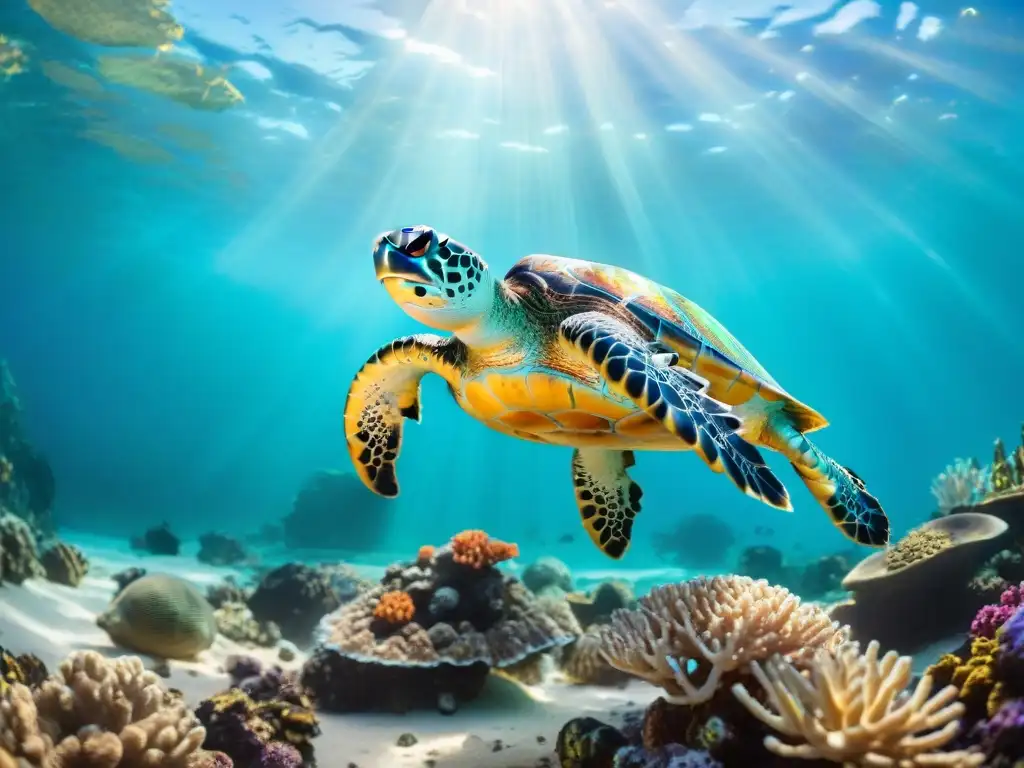 Acuario marino exótico con tortugas nadando Un acuario marino para tortugas exóticas con arrecifes de coral coloridos y rayos de sol brillantes