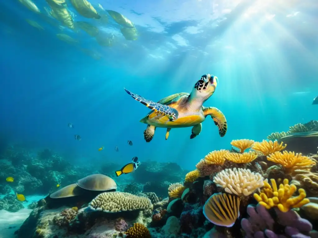 Arrecife de coral submarino con tortugas marinas y peces exóticos Acuario marino para tortugas exóticas en vibrante arrecife de coral con luz filtrando en el agua