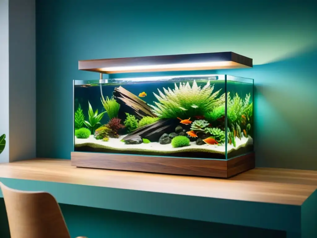 Acuario moderno lleno de vida y color Un acuario moderno con acuaponía autosostenible: plantas verdes vibrantes y peces coloridos crean un ambiente sereno y ecofriendly