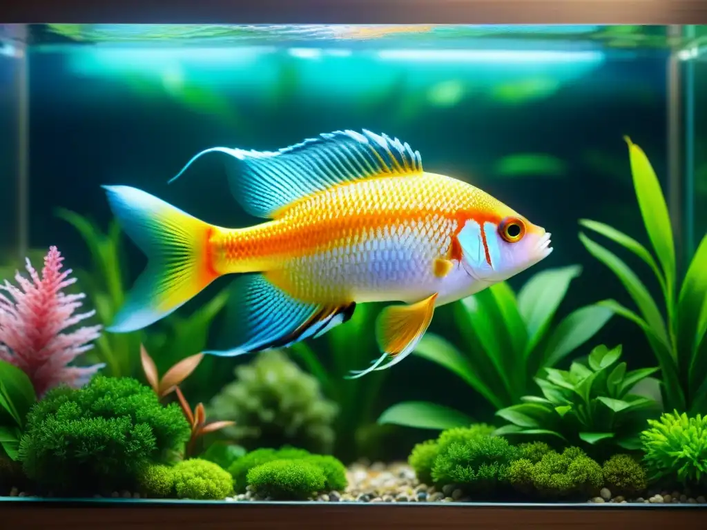 Acuario exótico: belleza submarina detallada Un acuario de peces exóticos con filtración avanzada, plantas exuberantes y peces vibrantes en un escenario acuático sereno y cautivador
