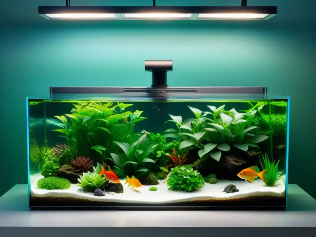 Acuario de aquaponía: belleza verde y peces vibrantes Acuario con plantas exuberantes y peces coloridos, mostrando la acuaponía en acuarios autosostenible
