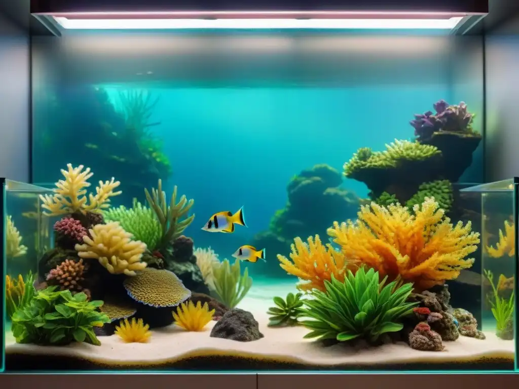 Acuario exótico: mundo submarino vibrante y detallado Un acuario saludable para peces exóticos: un mundo submarino vibrante y diverso, con peces coloridos entre plantas acuáticas y corales