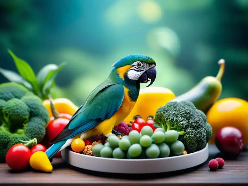 Alimentos premium para mascotas exóticas: frescos y vibrantes Alimentos premium para mascotas exóticas saludables en elegante plato de comida vibrante