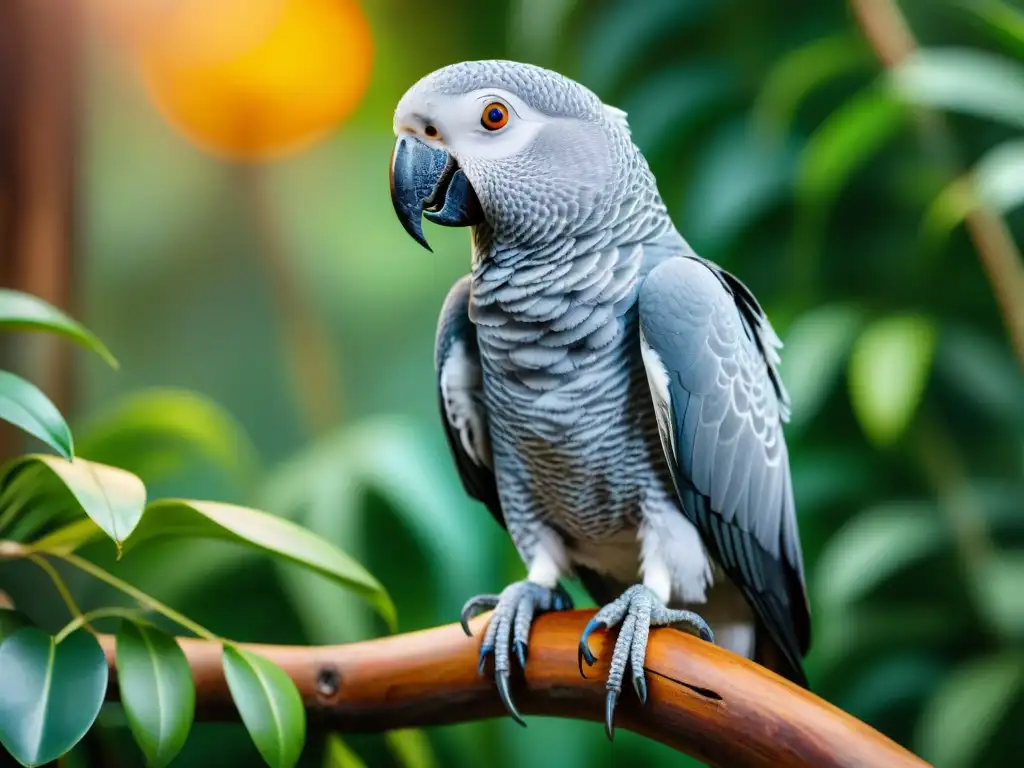 Sabiduría ancestral: loro gris africano en entorno tropical Un anciano loro gris africano, sabio y majestuoso, posado en una rama en un entorno tropical exuberante