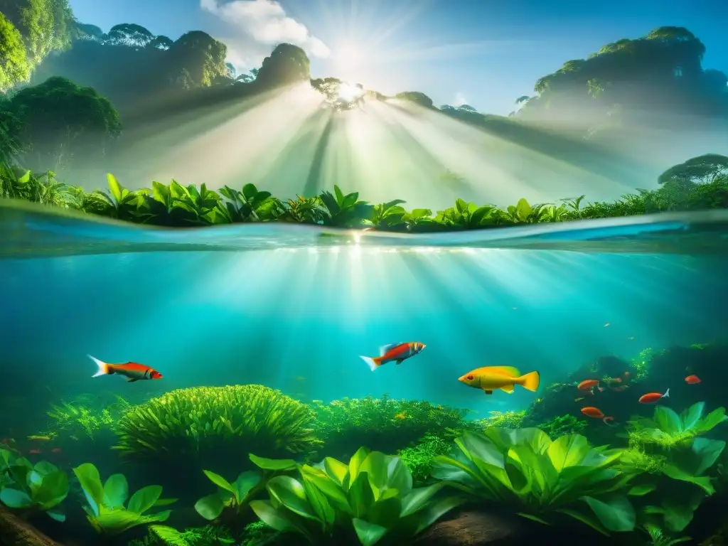 Esplendor amazónico: peces exóticos en hábitat natural Un arcoíris de peces de agua dulce Amazonas exóticos nada entre plantas acuáticas vibrantes