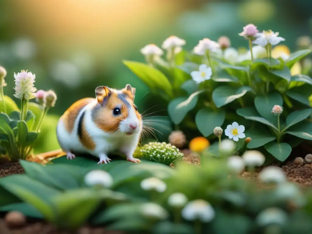 Jardín homeopático: roedores saludables en armonía Un jardín armonioso donde roedores saludables conviven en paz, reflejando la guía de homeopatía para roedores