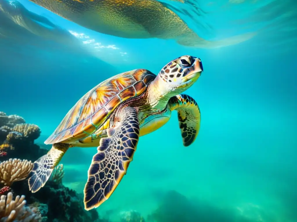 Majestuosa tortuga marina nadando en arrecifes de coral Tortuga marina en arrecife, consecuencias cambio climático