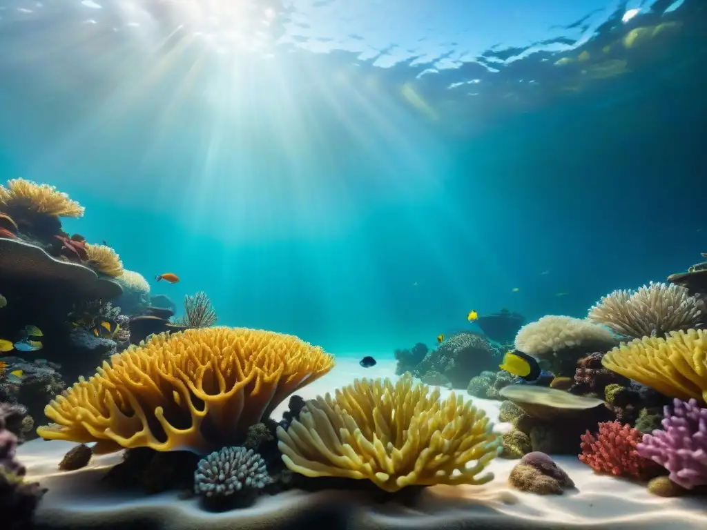 Acuario tropical: Armonía de peces coloridos y coral vibrante Un arrecife de coral con peces tropicales de colores nadando en un acuario cristalino, bajo rayos de sol