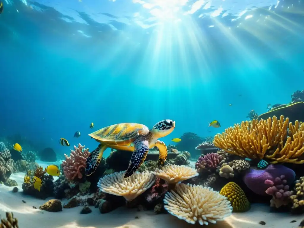Arrecife de coral submarino: vida marina colorida Un arrecife de coral submarino vibrante con tortugas y peces coloridos, bajo la luz del sol