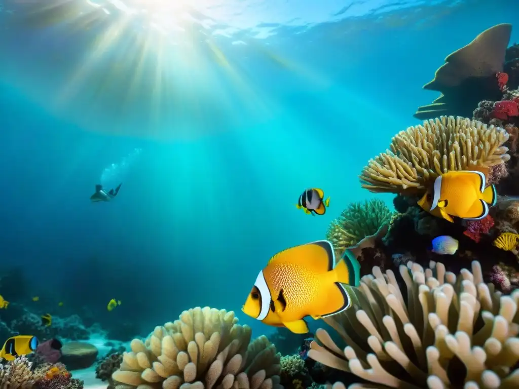 Arrecife de coral vibrante: vida marina exótica en detalle Un arrecife de coral submarino vibrante lleno de peces exóticos bajo el sol, ideal para una dieta para peces marinos exóticos