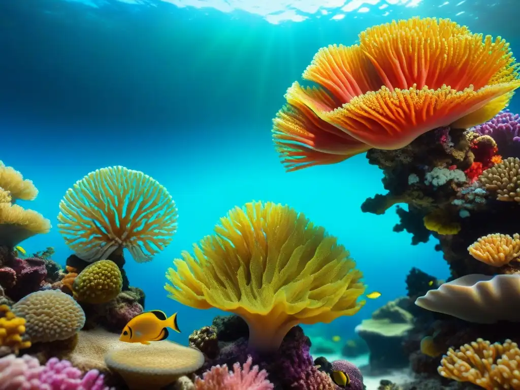 Arrecife de coral vibrante: acuario marino diverso y realista Un arrecife de coral vibrante y diverso en un acuario de agua salada, con peces coloridos nadando entre formaciones de coral
