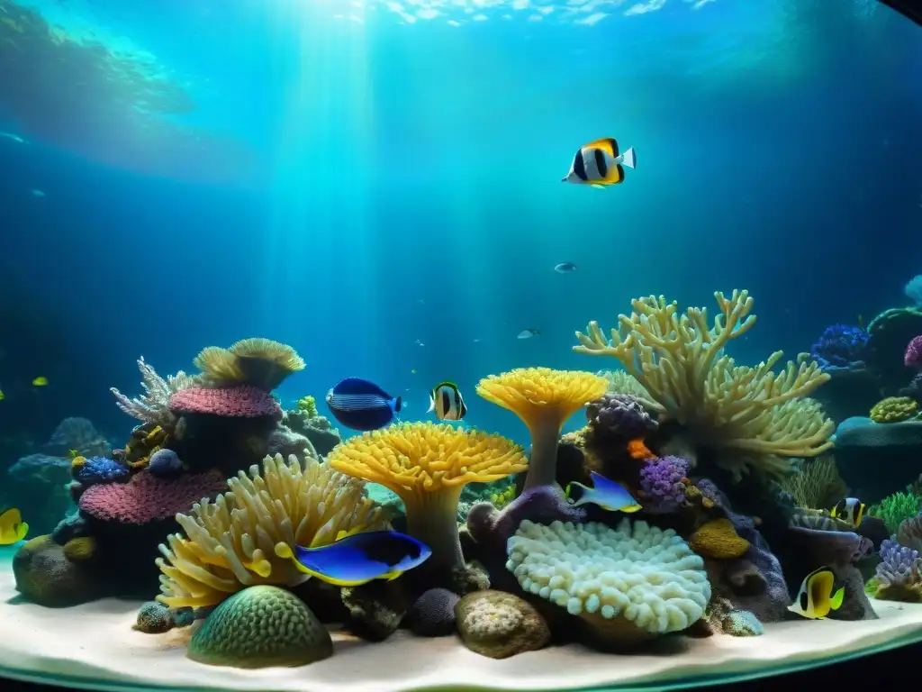 Acuario marino vibrante: corales, peces y anémonas en detalle Un arrecife de coral vibrante y diverso en un acuario de agua salada, lleno de peces detallados y corales coloridos