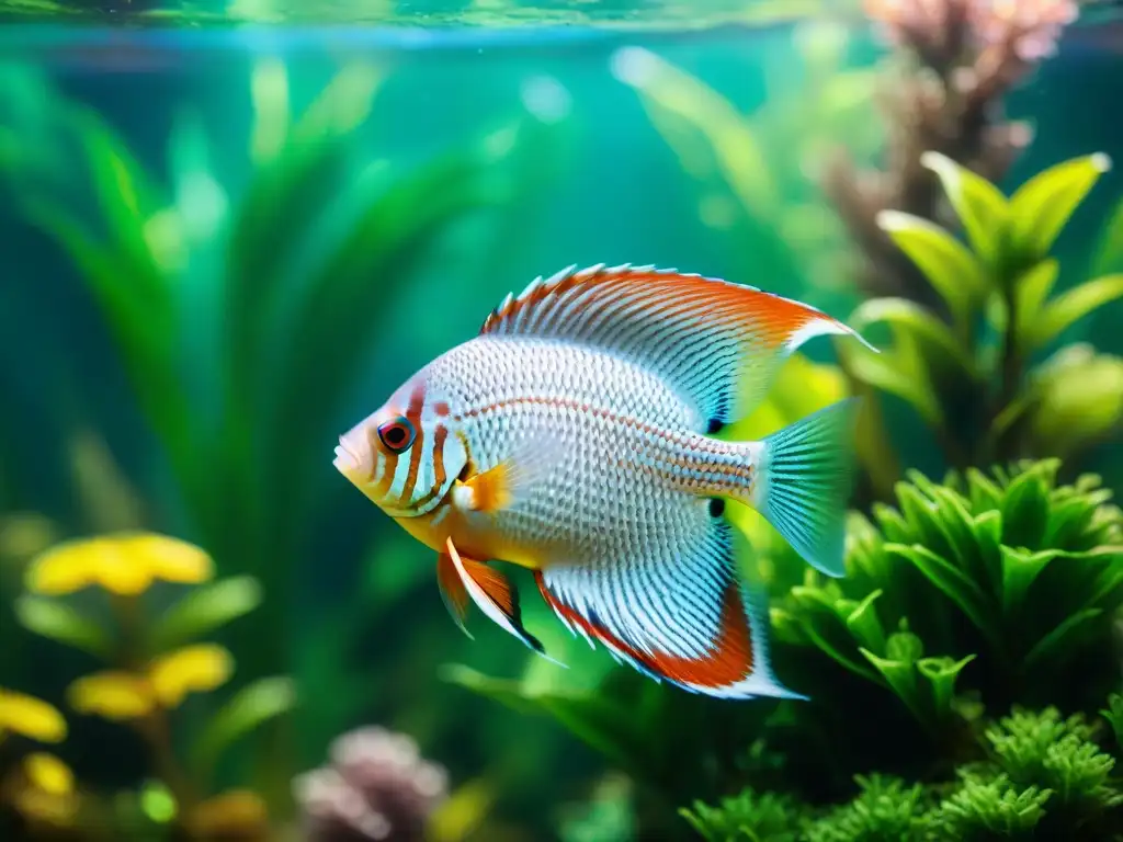 Espectacular acuario 8K con peces exóticos nadando entre plantas acuáticas Un arrecife de ensueño con peces exóticos en un acuario de 8K y filtración avanzada
