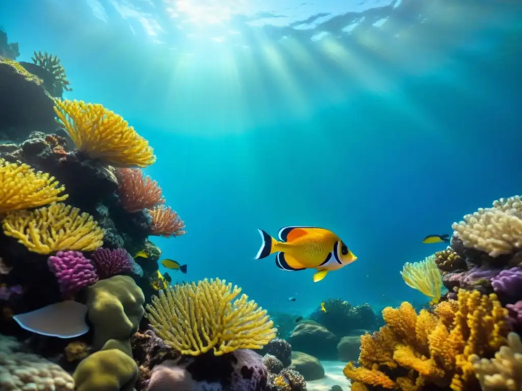 Arrecife de coral: Escuela de peces exóticos coloridos Un arrecife de coral vibrante con una colorida escuela de peces exóticos, rodeados de vegetación acuática y agua cristalina