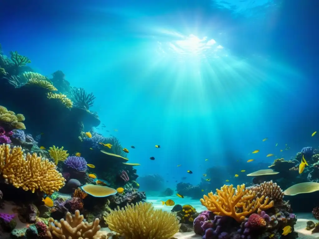 Arrecife de coral vibrante bajo múltiples luces: detalle y colorido Un arrecife de coral vibrante iluminado por fuentes de luz diversas, destacando la importancia de la iluminación para peces y corales