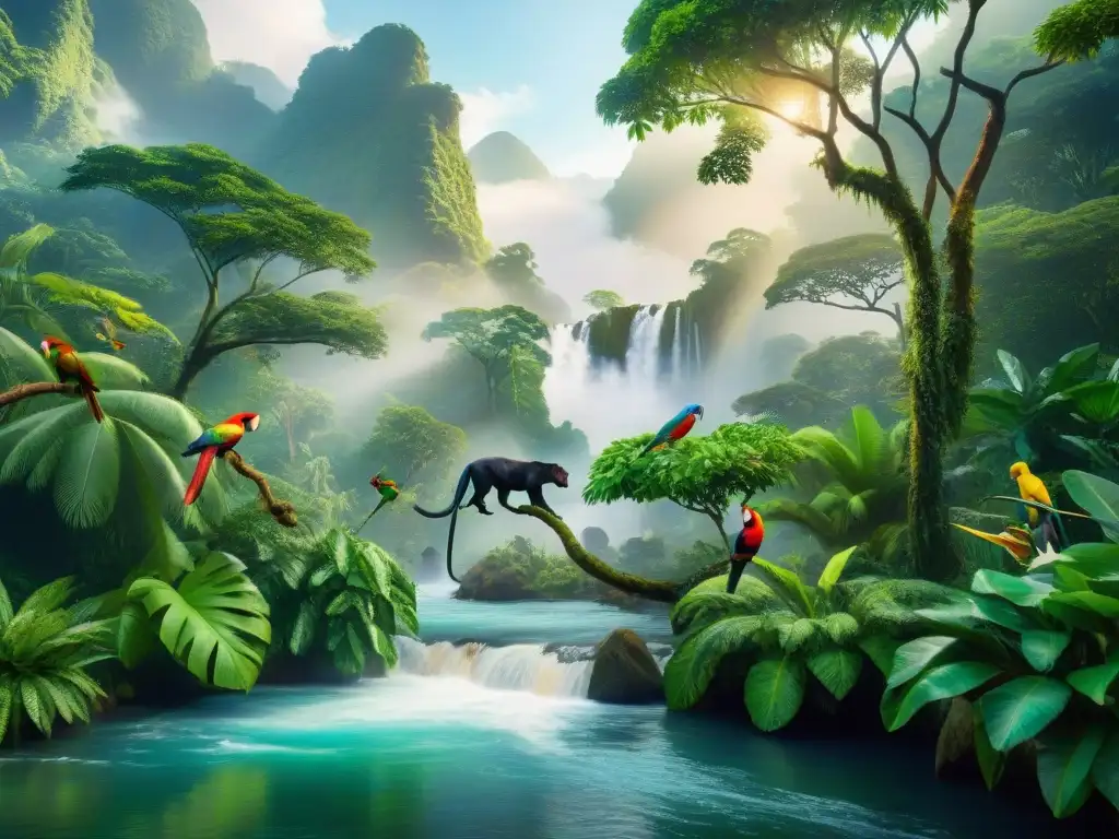 Pantera majestuosa en la exuberante selva Una representación artística de mascotas exóticas conviviendo en armonía en la selva