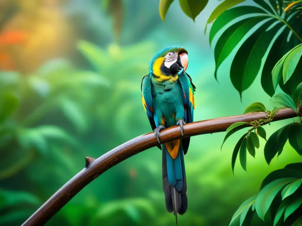 Arte fotorealista: Majestuosa selva exótica con animales vibrantes Una representación artística de mascotas exóticas en la jungla: un guacamayo, una pantera, un mono capuchino y un pavo real