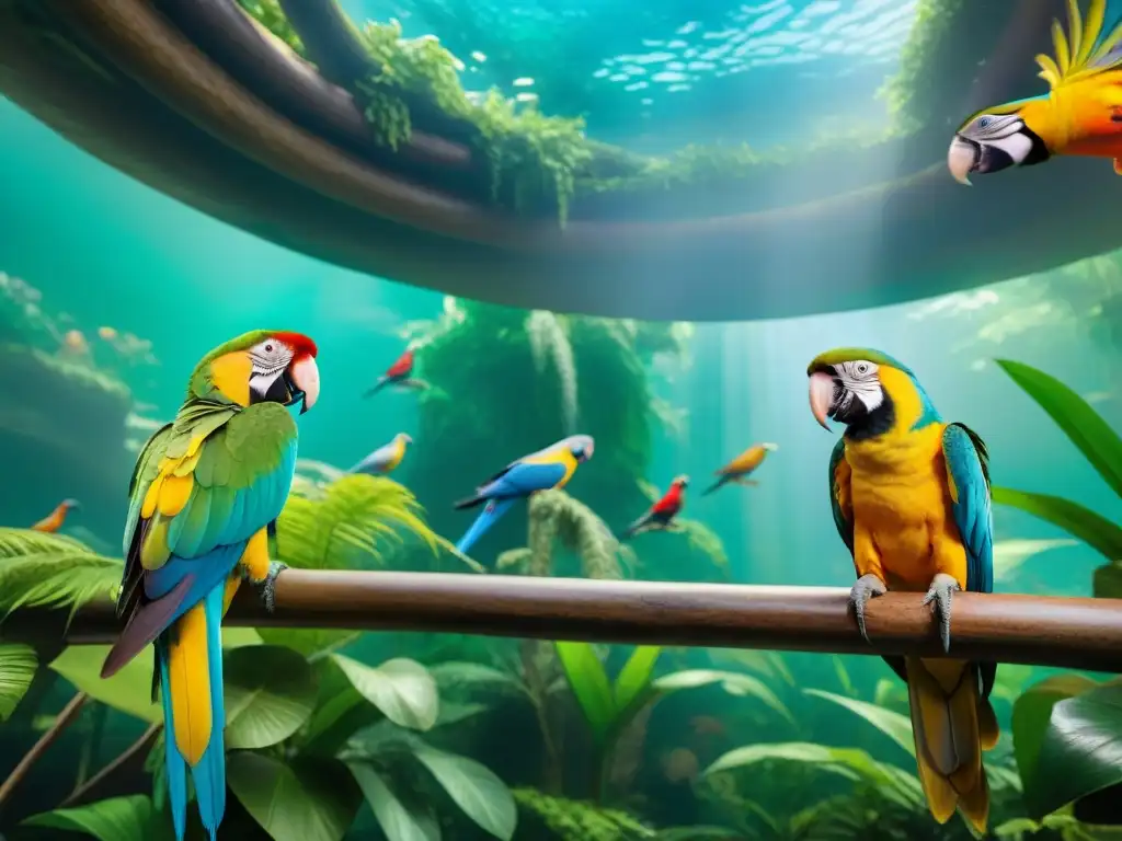 Arca de maravillas: exóticas mascotas y su convivencia en la selva Una asombrosa imagen detallada de mascotas exóticas conviviendo en armonía en la selva