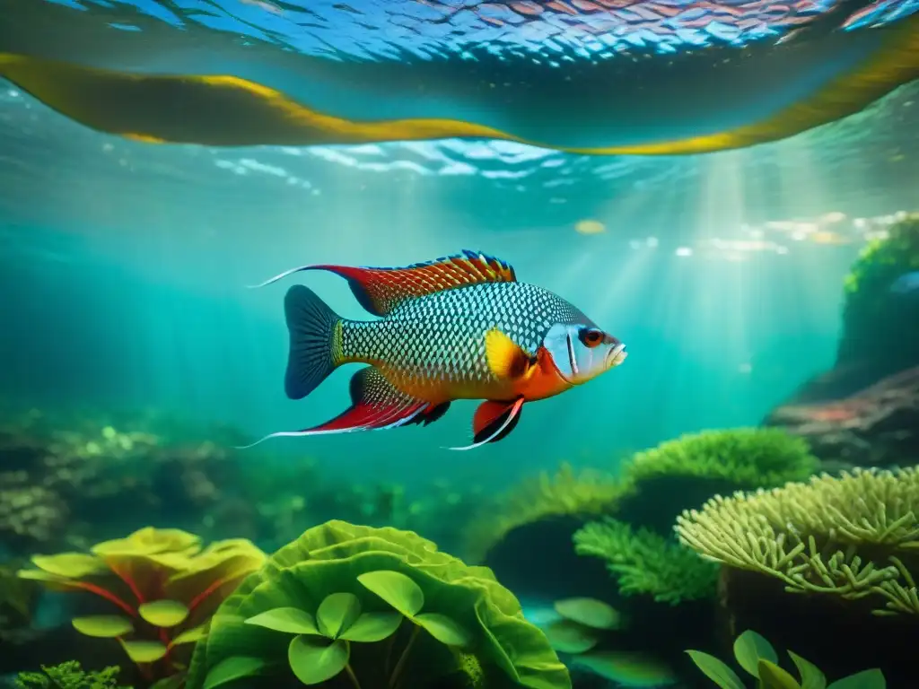 Espléndida diversidad: vida submarina en el Amazonas Asombroso hábitat de peces agua dulce Amazonas exóticos entre plantas acuáticas vibrantes