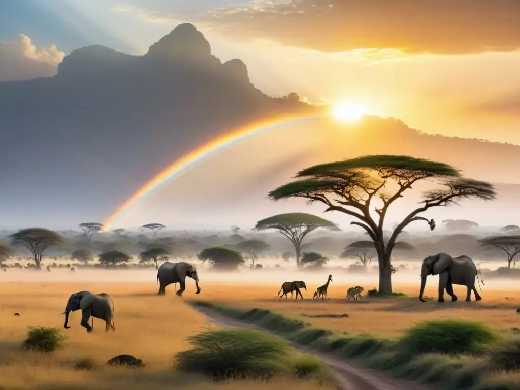 Escena majestuosa de la sabana africana: elefante, leona, jirafa y más Un atardecer dorado en la majestuosa sabana africana con animales exóticos