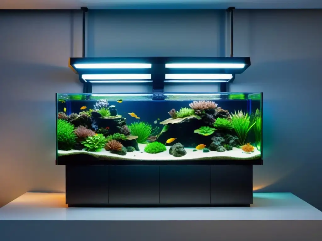 Acuario de última generación con sistema de filtración detallado y moderno Un avanzado sistema de filtración para acuarios con cámaras múltiples, medios de filtrado variados, esterilizador UV y panel de control digital