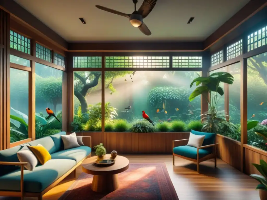 Ave exótica sénior cuidados hogar: aviario lujoso con aves y exuberante vegetación en sala decorada