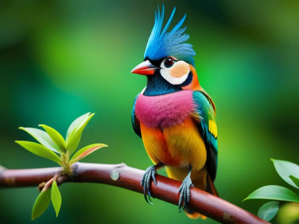 Un ave exótica majestuosa con un microchip GPS, plumaje vibrante y detalles intrincados en un entorno tropical