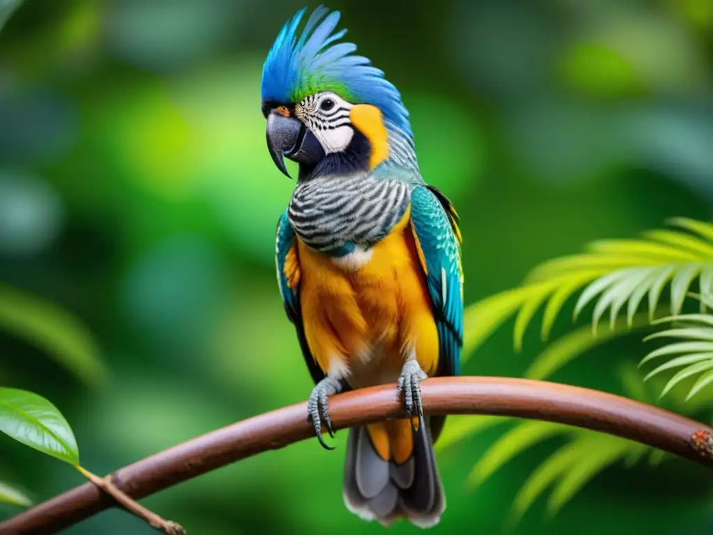 Exótico pájaro en rama: detalle ultrarrealista Un ave exótica majestuosa posada en una rama, rodeada de exuberante follaje tropical, exhibiendo sus plumas coloridas y características únicas