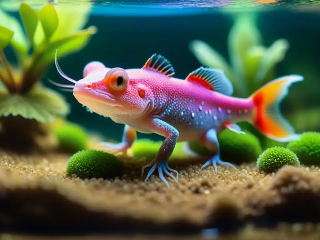 Exótico axolote nadando en acuario cristalino Un axolote vibrante nada elegante en un tanque cristalino, rodeado de plantas acuáticas exuberantes