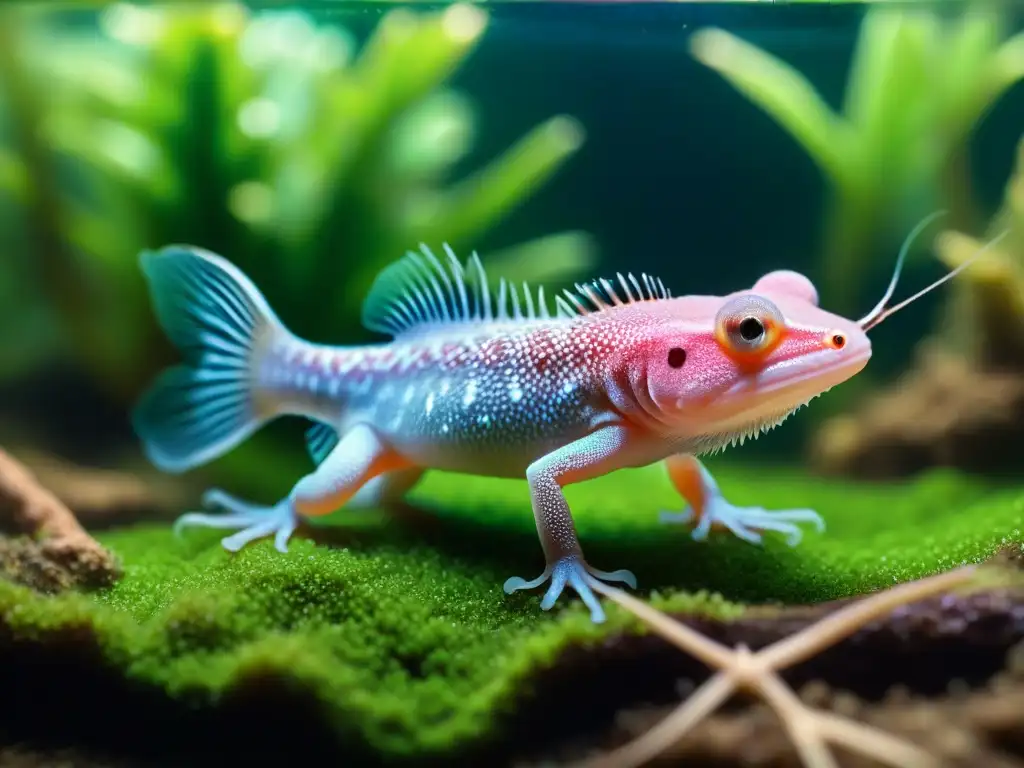 Exquisita belleza del axolote nadando en acuario cristalino Un axolote vibrante nada elegantemente en un tanque cristalino, destacando sus branquias externas, delicadas extremidades y colorido hipnótico