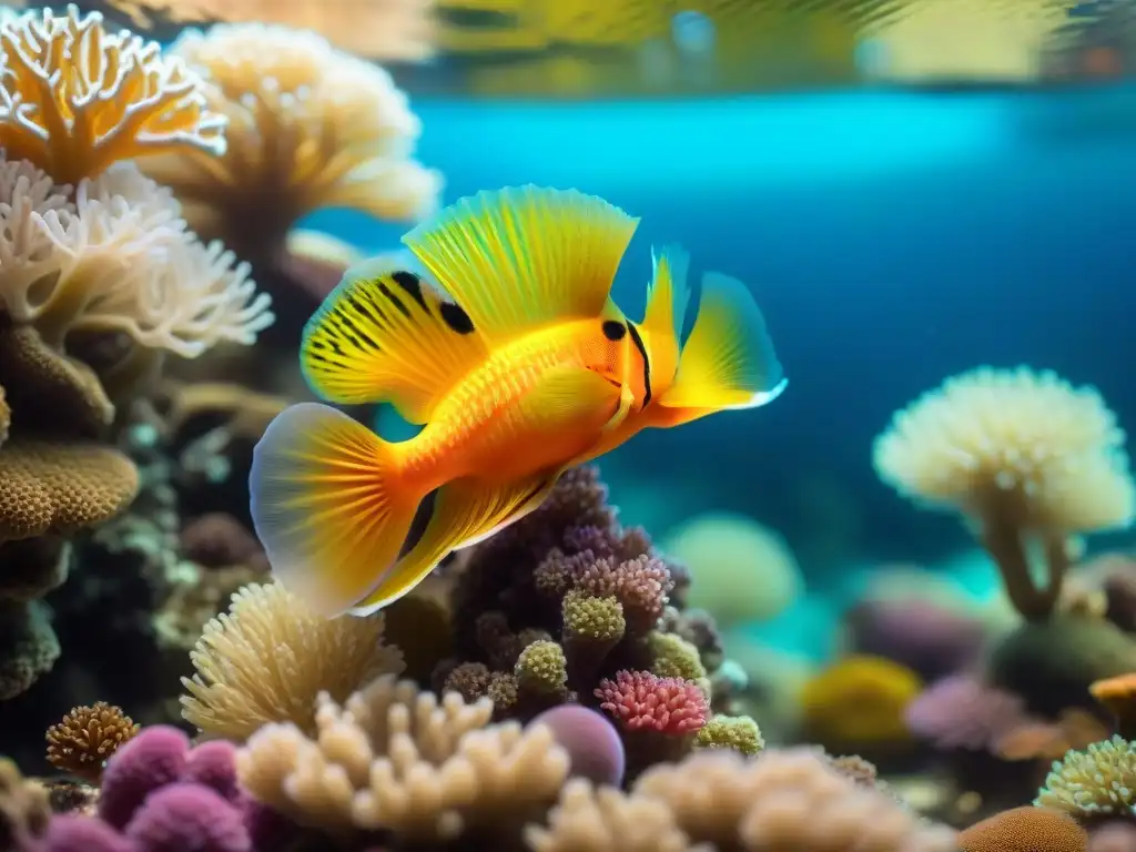 Arrecife de coral vibrante en acuario: detalle y belleza Explora la belleza de un arrecife de coral en un acuario de agua salada