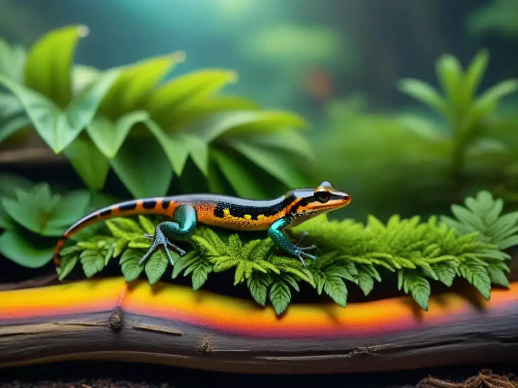 Salamandras coloridas en bosque vibrante Un bosque exuberante con un estanque cristalino, salamandras de vivos colores y detalles únicos que resaltan la biodiversidad