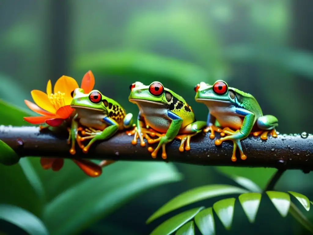 Bosque tropical: ranas doradas y mágica lluvia Un bosque lluvioso exuberante con sapos de ojos dorados aferrados a ramas húmedas