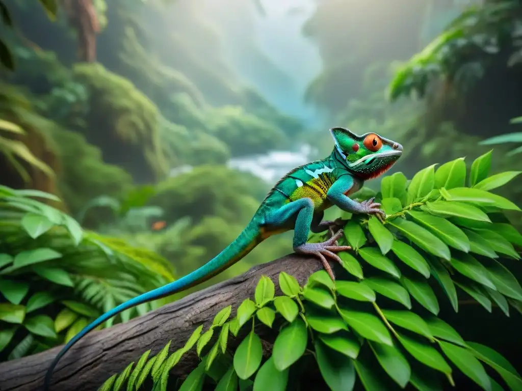 Un bosque tropical vibrante con aves exóticas, camaleones y un microchip GPS en la pata de un mono curioso