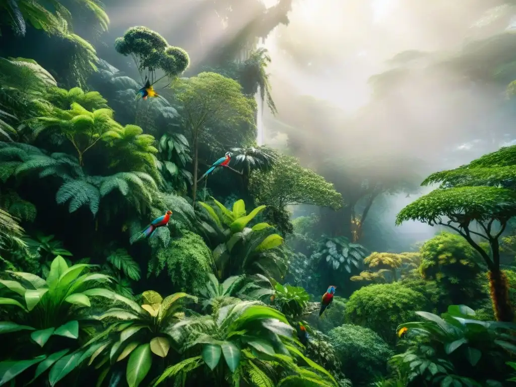 Un bosque tropical vibrante y diverso con animales exóticos, como loros coloridos y monos, creando una escena etérea