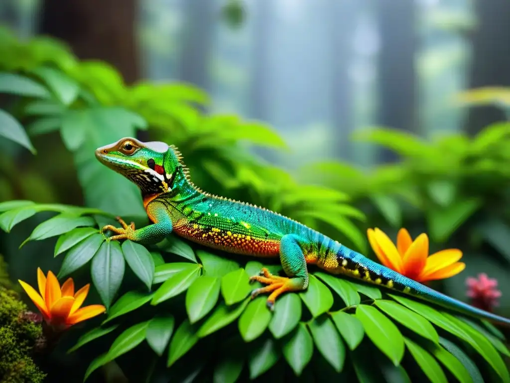 Escenas tropicales: Cecilias en su hábitat natural Un bosque tropical vibrante con lujosa vegetación verde y coloridas flores, donde cecilias muestran su lenguaje corporal