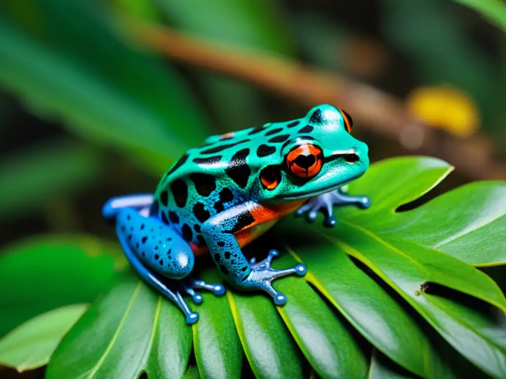Escena vibrante: venenosas ranas dendrobátidas en la selva tropical Un bosque tropical vibrante con ranas venenosas en la cultura, colores brillantes y texturas realistas