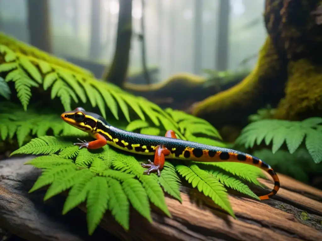 Salamandras multicolores en un bosque exuberante Un bosque vibrante lleno de salamandras coloridas, destacando la importancia de la prevención de enfermedades en su hábitat