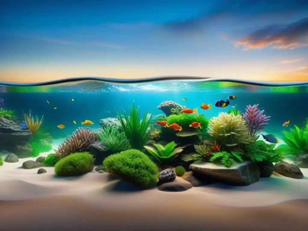 Un cautivador acuario para axolotes con plantas vibrantes, rocas suaves y escondites, iluminado naturalmente