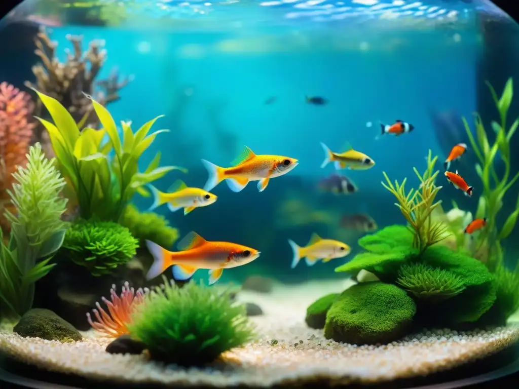 Un cautivador acuario de peces agua dulce exóticos pequeños en un escenario submarino vibrante y exuberante