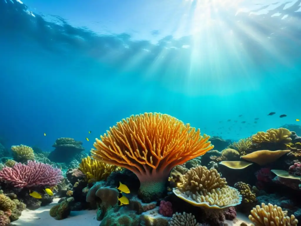 Espectacular arrecife de coral: vida submarina colorida Un cautivador arrecife de coral lleno de vida marina colorida, corales vibrantes y luz filtrada, reflejando la diversidad del ecosistema coralino