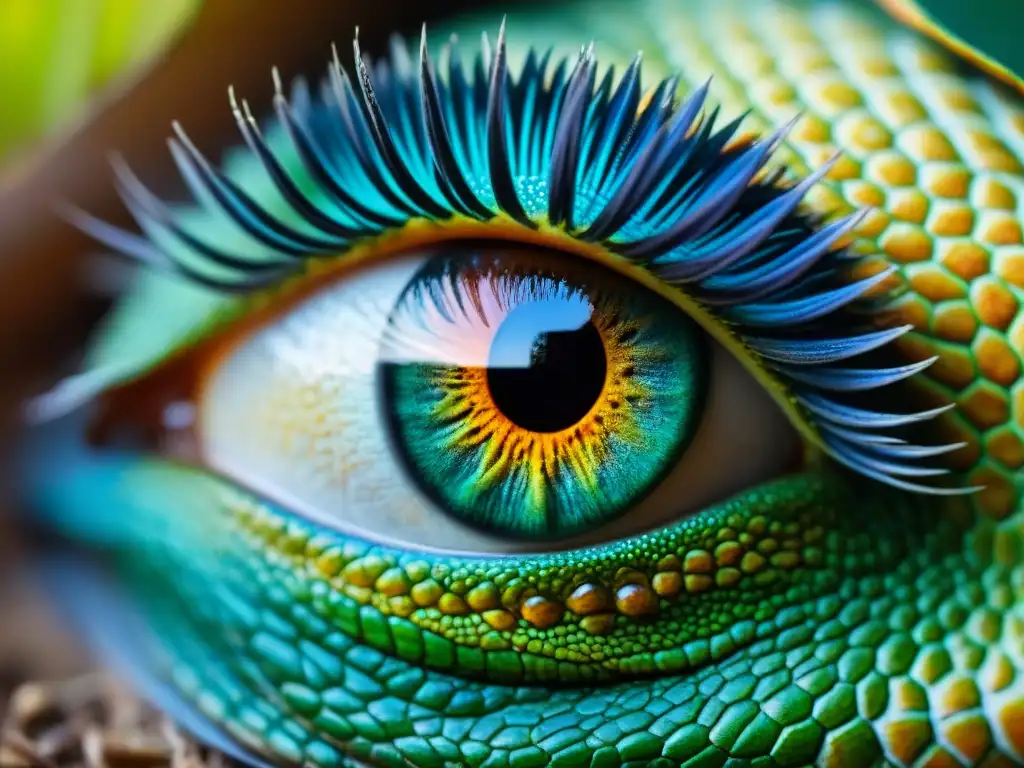 Un cautivador detalle del ojo de un lagarto, mostrando sus escamas, colores vibrantes y detalles, para reflejar el cuidado personal del aseo lagarto